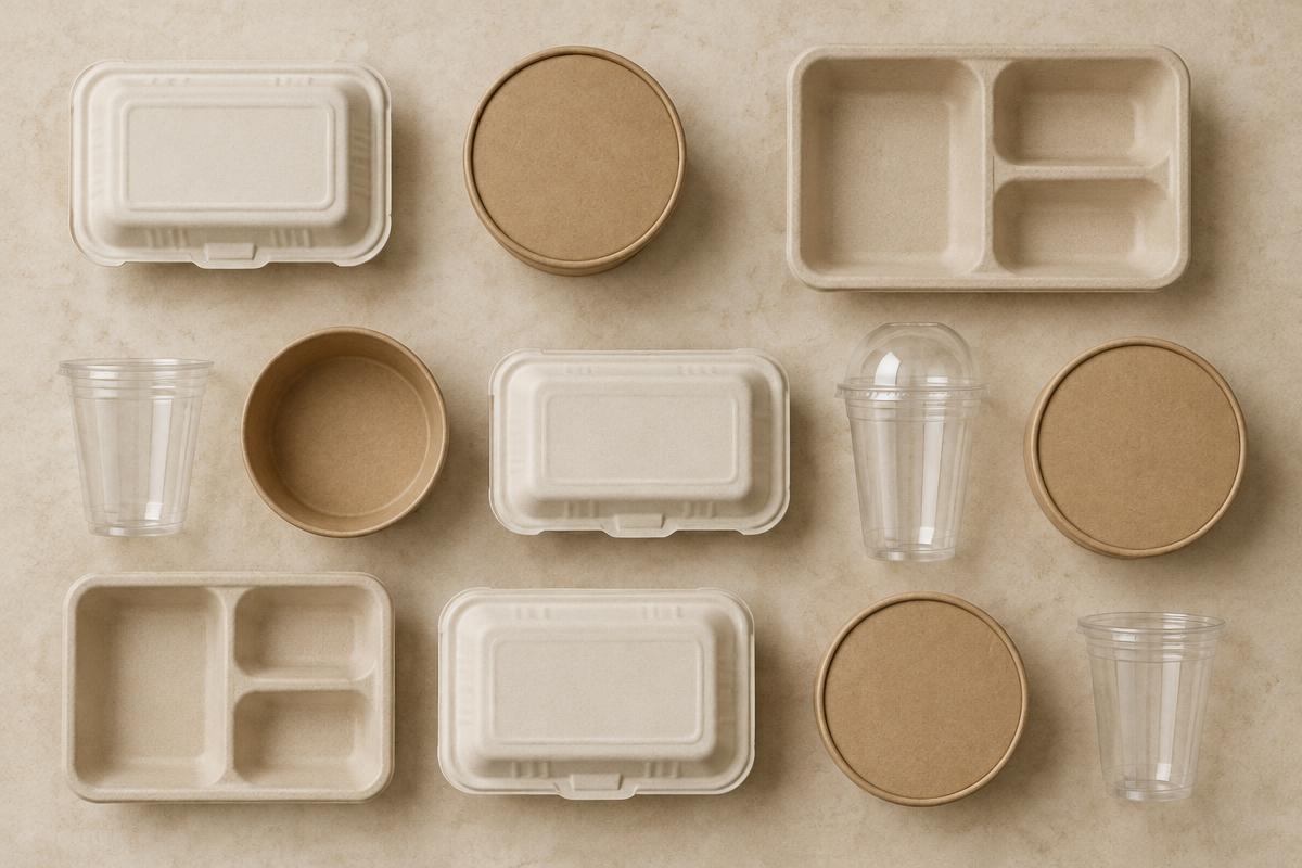 Compostable & Plant-Based — the packaging range laid out flat